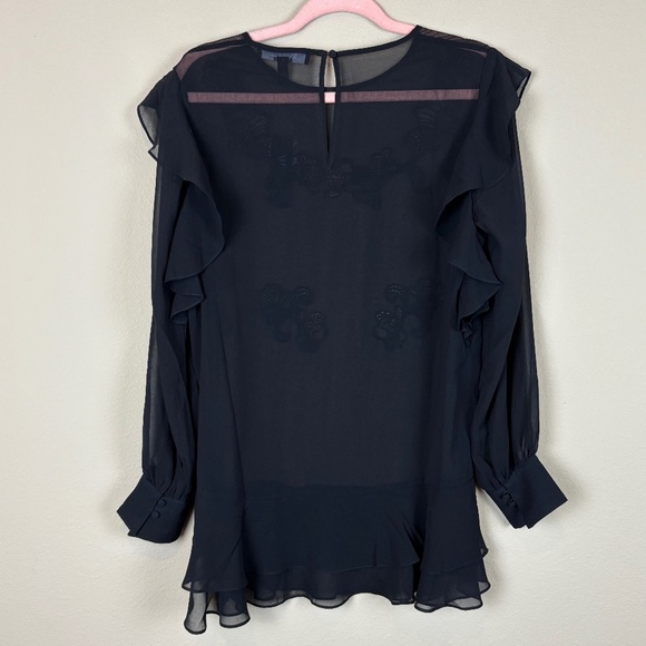 WHBM Black Sheer Long Sleeve Tunic Blouse with Floral Appliqué/Ruffle Accent NWT - Picture 6 of 13